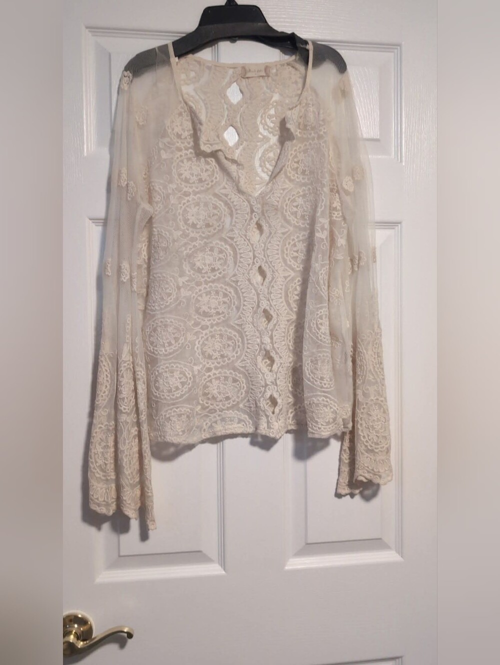 Altar'd State Cream Sheer Mesh Embroidered Lace Medallion Bell Sleeve Blouse